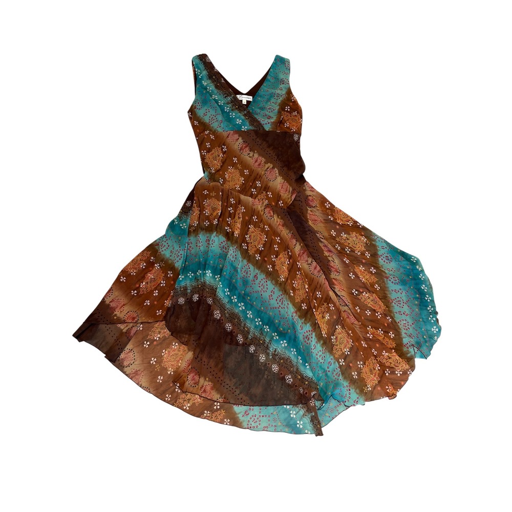 Midi Dress Boho Whimsigoth Dressbarn Women 12 Brown Turquoise Handkerchief Hem